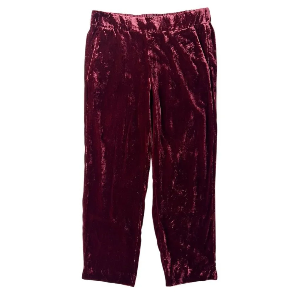 J. Crew Pull-On Easy Pants Burgundy Red Velvet Elastic Waist Size 8‎ Short